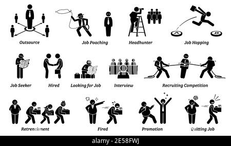 Job career and employment icons set. Vector illustrations concept of people looking for job, recruiters searching for talent, and employer with employ Stock Vector