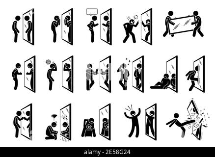 Man looking into a mirror stick figure pictogram icons. Vector artworks depict the concept of self reflection. Stock Vector