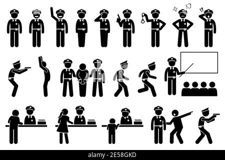 Police officer or policeman poses and actions. Vector illustrations of stick figure police arresting criminal and handcuffed law offender. People repo Stock Vector