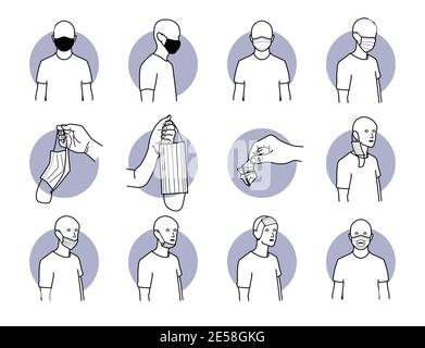 Proper and improper way of wearing surgical mask for virus protection. Vector illustrations of the correct and incorrect way of using medical mask. Co Stock Vector
