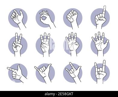 Hand and finger gestures. Vector illustrations of different hand signals and poses. Stock Vector