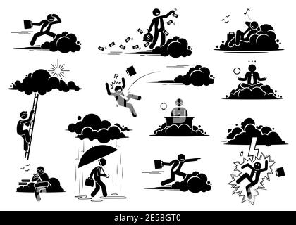 Businessman working in the cloud or sky. Vector illustrations of a business man flying, throwing money, resting, working, and reading on a cloud. Bad Stock Vector