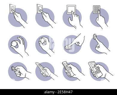 Hand pressing, turning, pushing, and flipping switch button. Vector illustrations of a hand controlling and adjusting electrical device with wall swit Stock Vector
