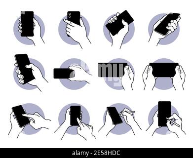 Hand holding and using smart phone with black blank screen icon set. Vector illustrations of hand carrying phone, finger gesture tapping on screen, an Stock Vector