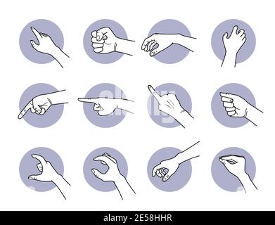 Hand pointing and grabbing gestures. Vector illustrations of hand poses and actions of showing direction, pointing the way, and taking things. Stock Vector