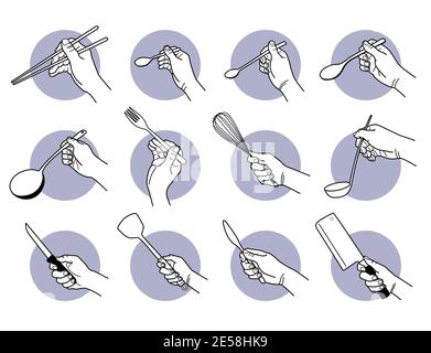 Hand holding kitchen utensils and cooking tools. Vector illustrations of a hand holding chopsticks, spoon, fork, whisk, knife, and spatula. Stock Vector