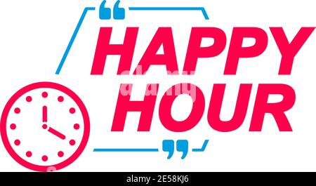 Happy Hour labels. Speech bubbles with clock icon. Advertising and marketing sticker. Stock Vector