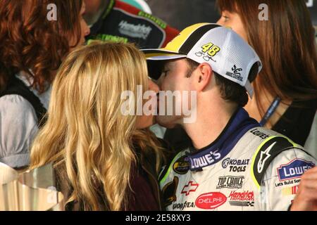 Jimmie Johnson and wife Chandra celebrate winning the 2007 NASCAR Nextel Cup championship after the running of the NASCAR Nextel Ford 400 at Homestead-Miami Speedway, inHomestead, FL. 11/18/07.   [[fam bam]] Stock Photo