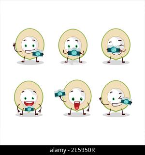 Photographer profession emoticon with slice of green coconut cartoon character. Vector illustration Stock Vector