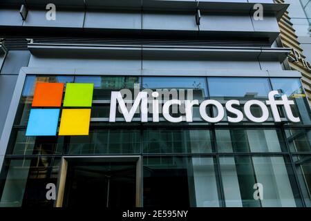 22 JANUARY 21 New York US 2021: Microsoft logo on top of its Manhattan on Store at Fifth Avenue on Oct 31, 2015 in New York. Stock Photo