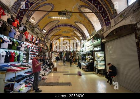 Istanbul / Turkey - May 02 2019 : Inside the Grand Bazaar there are shops and corridors with vaulted roofs. When there were not many people, the merch Stock Photo