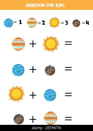 Addition for kids with planets of solar system and Sun. Funny worksheet for preschoolers. Stock Vector
