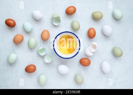 Different types of free range eggs with raw eggs in a bowl and shells on a white background Stock Photo