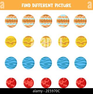 Find picture which is different in each row. Game with planets of solar system. Stock Vector