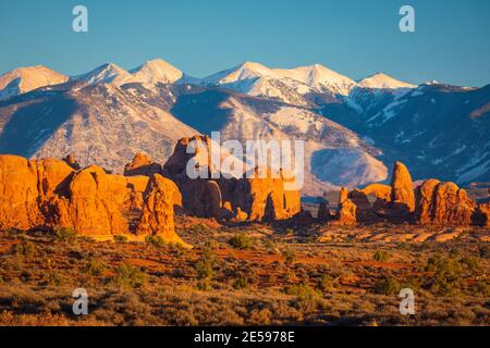 Arches National Park is a US National Park in eastern Utah. The park is located on the Colorado River 4 miles (6.4 km) north of Moab, Utah. Stock Photo