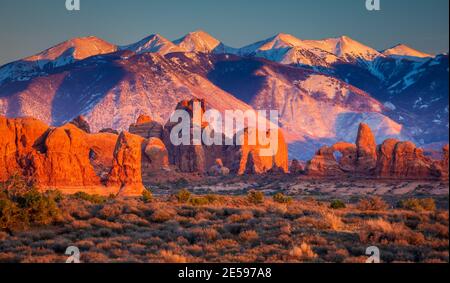 Arches National Park is a US National Park in eastern Utah. The park is located on the Colorado River 4 miles (6.4 km) north of Moab, Utah. Stock Photo
