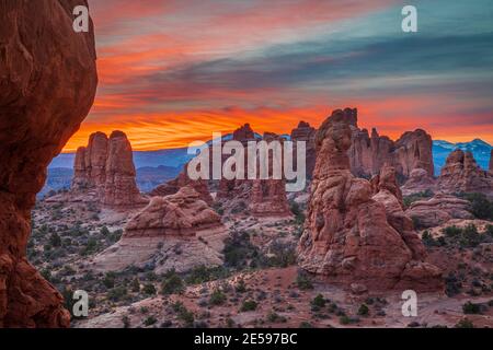 Arches National Park is a US National Park in eastern Utah. The park is located on the Colorado River 4 miles (6.4 km) north of Moab, Utah. Stock Photo