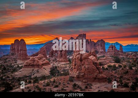 Arches National Park is a US National Park in eastern Utah. The park is located on the Colorado River 4 miles (6.4 km) north of Moab, Utah. Stock Photo