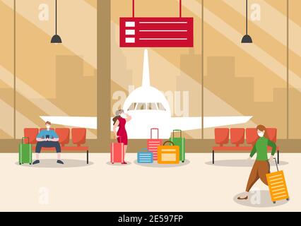 New norma, Vector illustration People in Masks Sitting in Airport Interior Terminal, Business Travel Concept. Flat design template Stock Vector