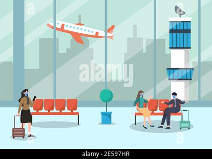 New norma, Vector illustration People in Masks Sitting in Airport Interior Terminal, Business Travel Concept. Flat design template Stock Vector