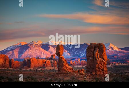 Balanced Rock is one of the most popular features of Arches National Park, situated in Grand County, Utah, United States. Stock Photo