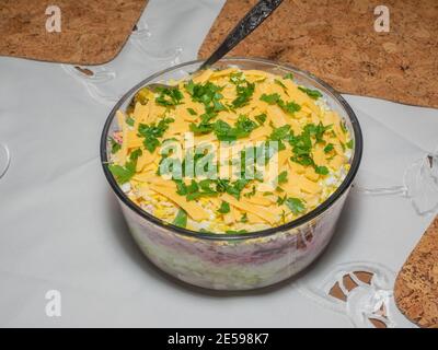 Dressed herring, colloquially known as herring under a fur coat, is a Russian layered salad composed of diced pickled herring covered with layers of g Stock Photo