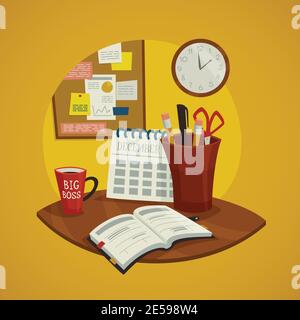 Workplace design concept set with datebook calendar  cup of coffee and wall clock vector illustration Stock Vector