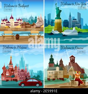 Famous cities design concept set with budapest new york and moscow landmarks isolated vector illustration Stock Vector