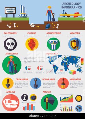 Archeological  infographics with elements of  ancient artefacts tools for excavations and charts vector illustration Stock Vector
