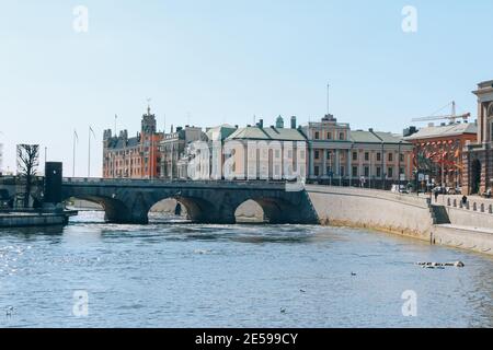 Scenic sunny day panorama of Gamla Stan, The Old Town in Stockholm. City tour concept and spring vacation in Sweden Stock Photo