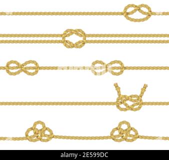 Knitted and associated twisted ropes twines with nodes realistic color decorative border set isolated vector illustration Stock Vector