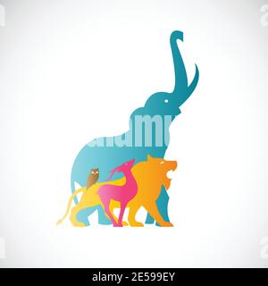 Vector image of an animal design on white background., Vector animal for your desig. , Elephant, Lion, Deer, Owl, Beast, Wildlife Groups Stock Vector