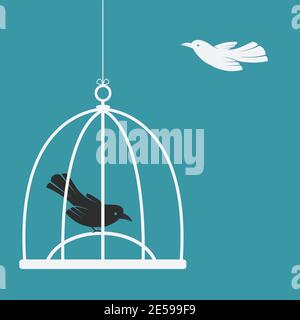 Vector of a bird in the cage and outside the cage. Freedom concept. Easy editable layered vector illustration. Stock Vector