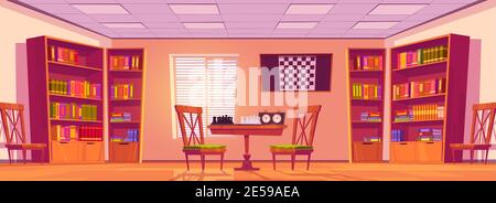 Chess club interior with board, pieces and clock on table, chairs, bookcases with books and checkerboard on wall. Vector cartoon illustration of empty room for playing chess Stock Vector