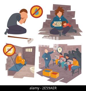 Set of people in trouble, kneel man crying of water lack, prisoner sitting on bed in jail communication ban, poor father with child beg, workers on sewing factory, Cartoon flat vector illustration Stock Vector