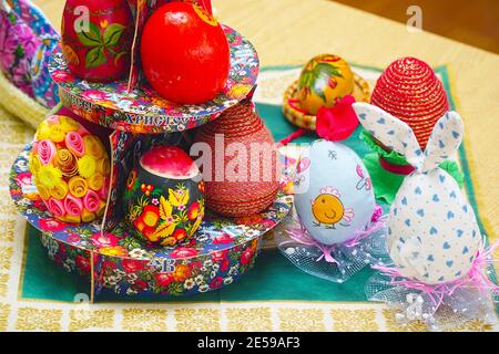 Beautiful Multicolored Easter eggs decorated by hand Stock Photo
