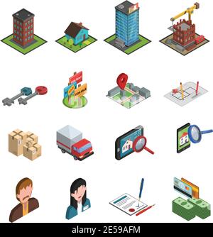 Real estate searching building and sale icon isometric set isolated vector illustration Stock Vector