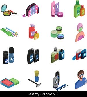 Body care cosmetic personal hygiene deodorant and perfume color isometric icon set isolated vector illustration Stock Vector