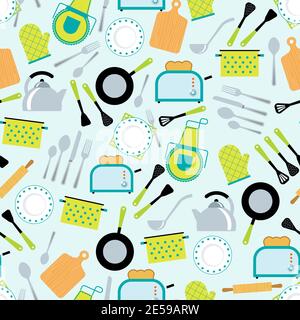 Home cooking kitchen accessories tools  gear and utensils decorative seamless wrap paper tileable pattern abstract vector illustration Stock Vector