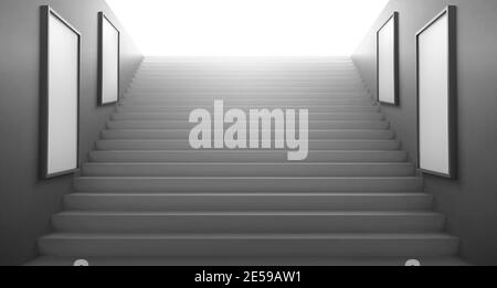 3d stairs going to light and empty white LCD screens for advertising on walls. Exit from underground or subway, staircase construction, ladder building architecture, Realistic vector illustration Stock Vector