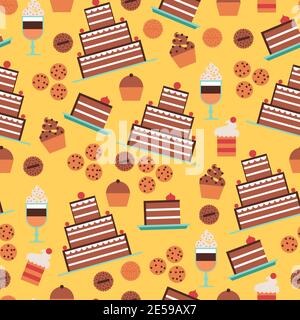 Confectionery and cakes seamless pattern with desserts and cookies on yellow background  flat vector illustration Stock Vector