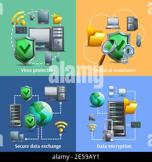 Data encryption security and exchange cartoon icons set with virus protection isolated vector illustration Stock Vector