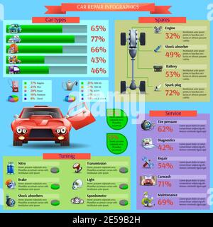 Car repair and tuning infographic set with diagnostics service and spares cartoon vector illustration Stock Vector