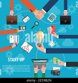 Start up idea concept with flat human hands holding business objects vector illustration Stock Vector