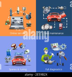 Car maintenance and service cartoon icons set with spares and diagnostics isolated vector illustration Stock Vector
