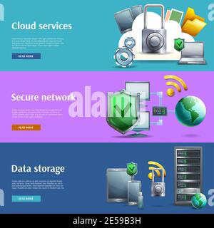 Data storage and protection cartoon horizontal banners set with networks and cloud services isolated vector illustration Stock Vector