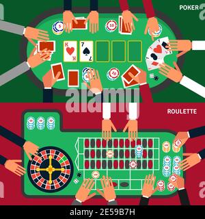 Casino game horizontal banners set with hands and table flat isolated vector illustration Stock Vector