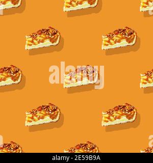 Low sugar, low carb useful bakery. Seamless pattern with isolated appetizing piece of apple pie with pecans, caramel and coffee beans on a mango sorbe Stock Photo