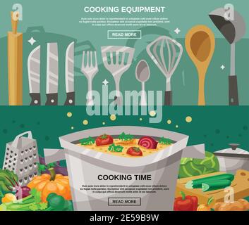 Cooking equipment and time horizontal banners set with kitchen utensils and vegetables flat isolated vector illustration Stock Vector