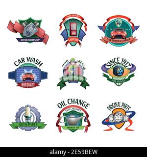 Auto mechanic diagnostics and car maintaining service center emblems and labels icons set abstract vector isolated illustration Stock Vector